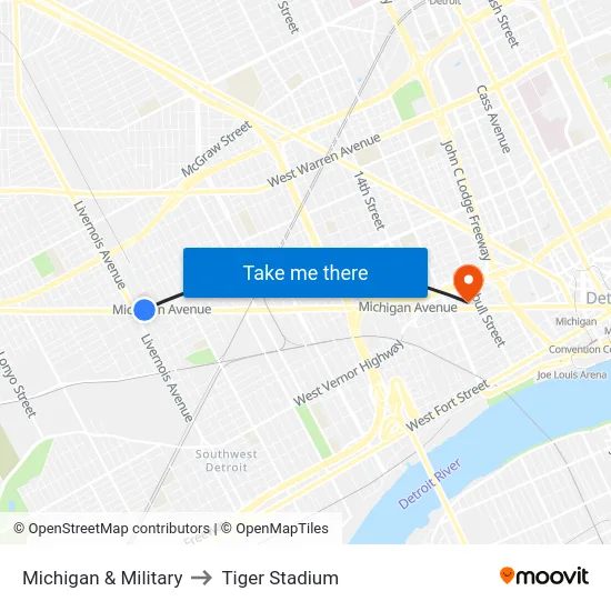 Michigan & Military to Tiger Stadium map