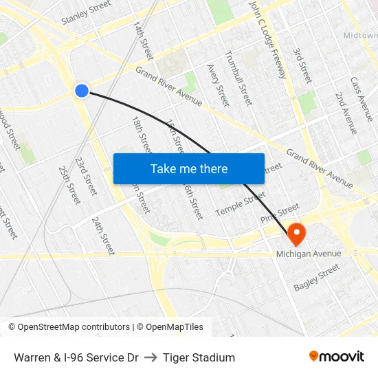 Warren & I-96 Service Dr to Tiger Stadium map
