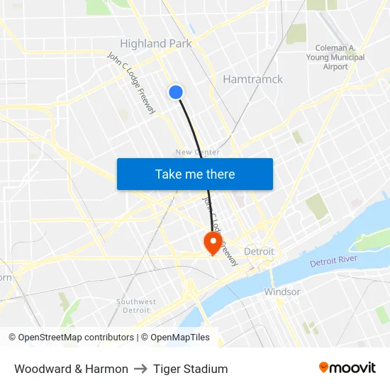 Woodward & Harmon to Tiger Stadium map