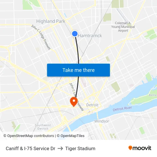 Caniff & I-75 Service Dr to Tiger Stadium map