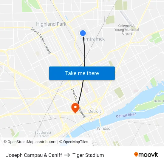 Joseph Campau & Caniff to Tiger Stadium map