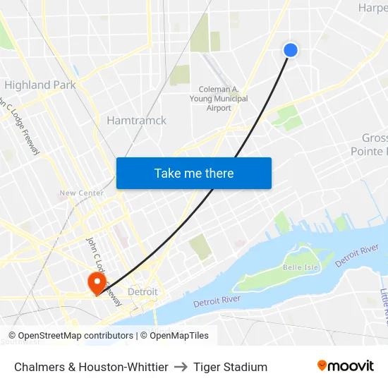 Chalmers & Houston-Whittier to Tiger Stadium map