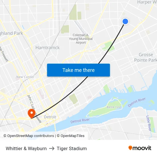 Whittier & Wayburn to Tiger Stadium map