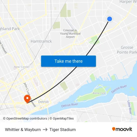 Whittier & Wayburn to Tiger Stadium map