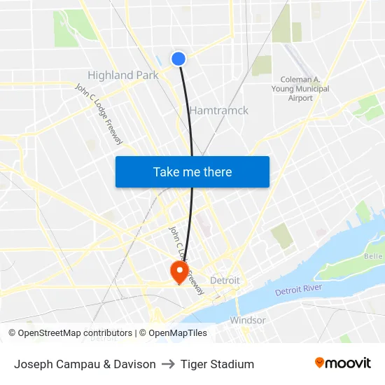 Joseph Campau & Davison to Tiger Stadium map