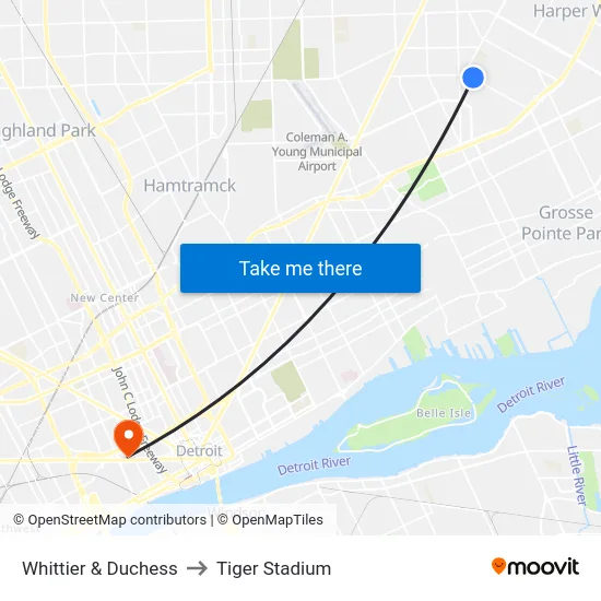Whittier & Duchess to Tiger Stadium map