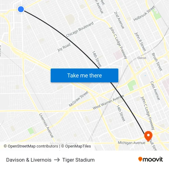 Davison & Livernois to Tiger Stadium map