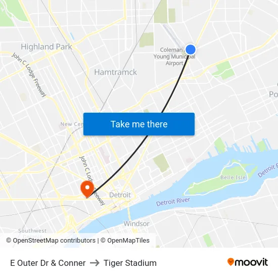 E Outer Dr & Conner to Tiger Stadium map