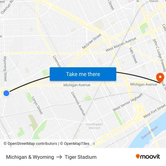 Michigan & Wyoming to Tiger Stadium map