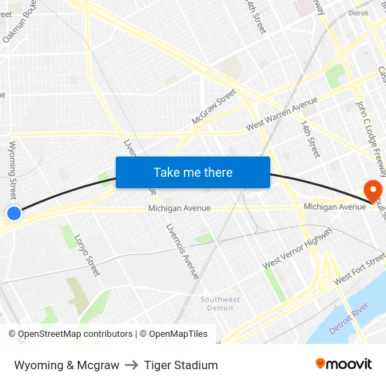 Wyoming & Mcgraw to Tiger Stadium map