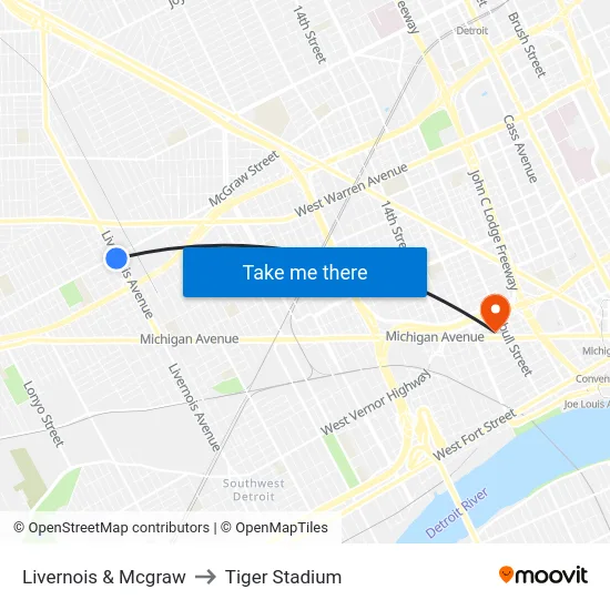 Livernois & Mcgraw to Tiger Stadium map