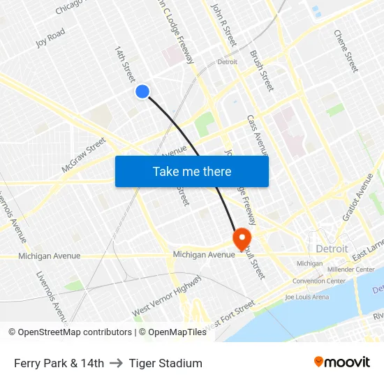 Ferry Park & 14th to Tiger Stadium map