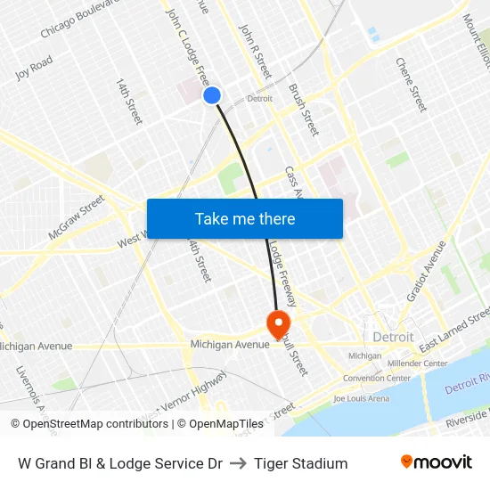 W Grand Bl & Lodge Service Dr to Tiger Stadium map