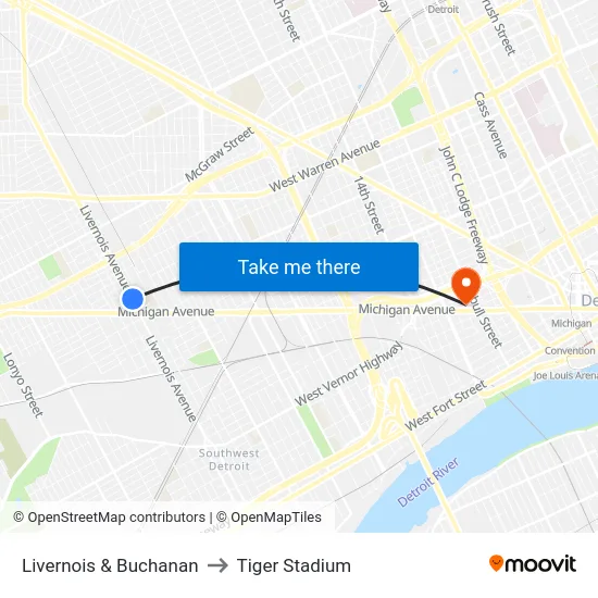 Livernois & Buchanan to Tiger Stadium map