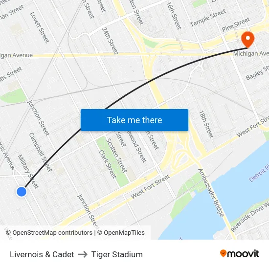 Livernois & Cadet to Tiger Stadium map