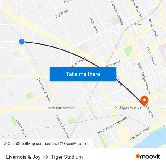 Livernois & Joy to Tiger Stadium map
