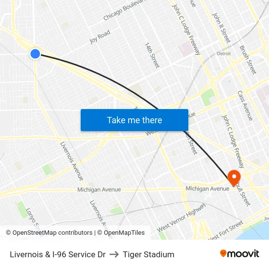 Livernois & I-96 Service Dr to Tiger Stadium map