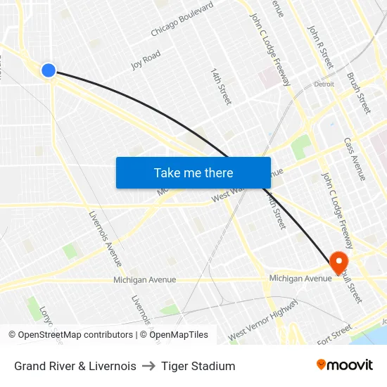 Grand River & Livernois to Tiger Stadium map