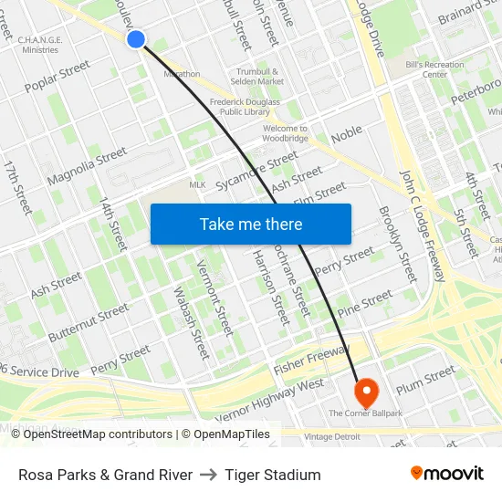 Rosa Parks & Grand River to Tiger Stadium map