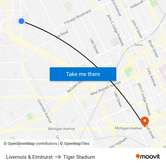 Livernois & Elmhurst to Tiger Stadium map