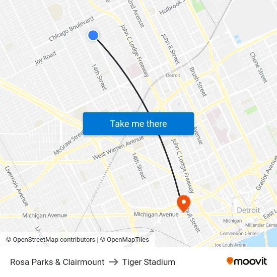 Rosa Parks & Clairmount to Tiger Stadium map