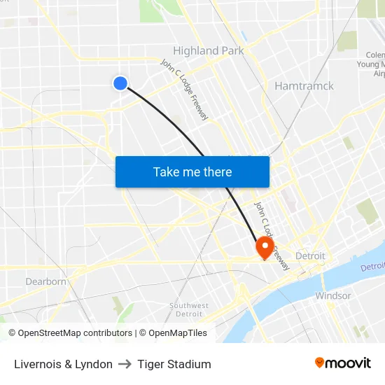 Livernois & Lyndon to Tiger Stadium map