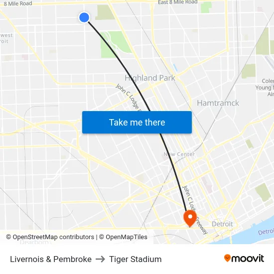 Livernois & Pembroke to Tiger Stadium map