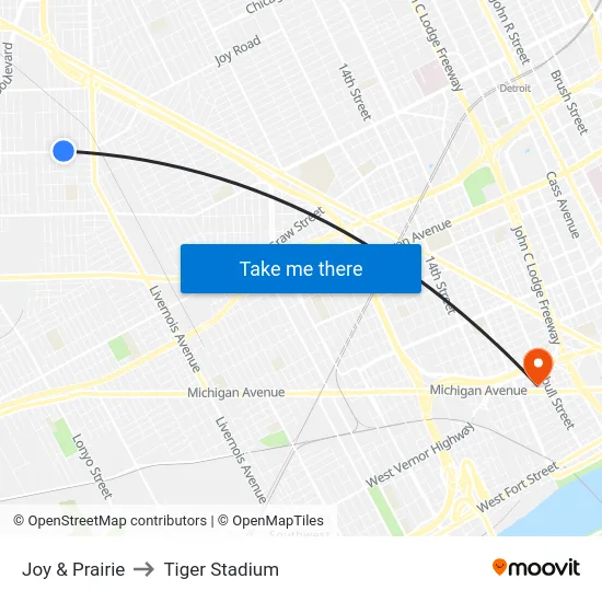 Joy & Prairie to Tiger Stadium map