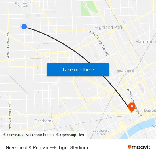 Greenfield & Puritan to Tiger Stadium map