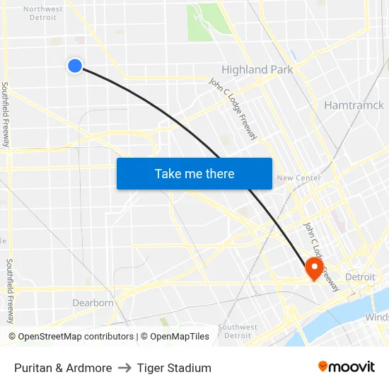 Puritan & Ardmore to Tiger Stadium map