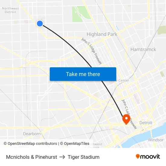 Mcnichols & Pinehurst to Tiger Stadium map