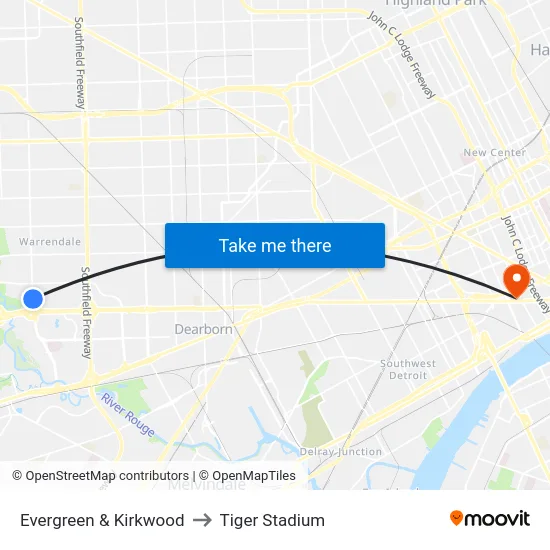 Evergreen & Kirkwood to Tiger Stadium map