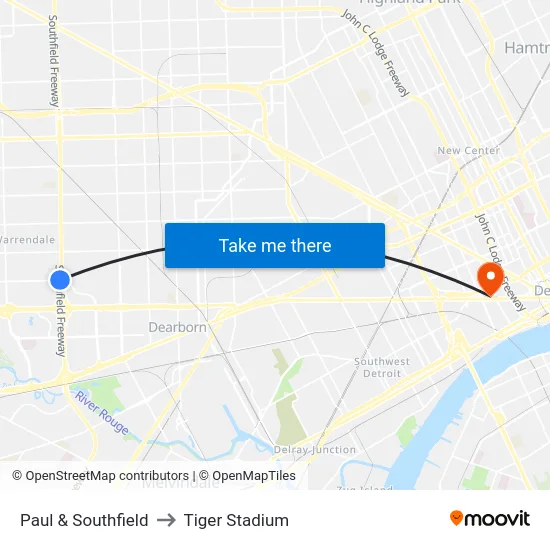 Paul & Southfield to Tiger Stadium map