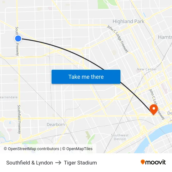 Southfield & Lyndon to Tiger Stadium map
