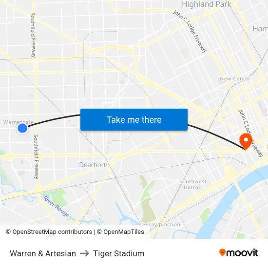 Warren & Artesian to Tiger Stadium map