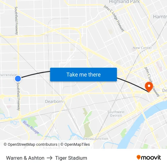 Warren & Ashton to Tiger Stadium map