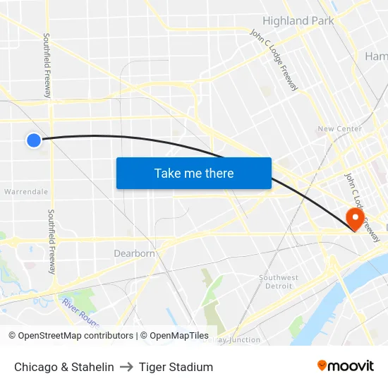 Chicago & Stahelin to Tiger Stadium map
