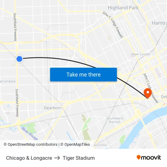 Chicago & Longacre to Tiger Stadium map