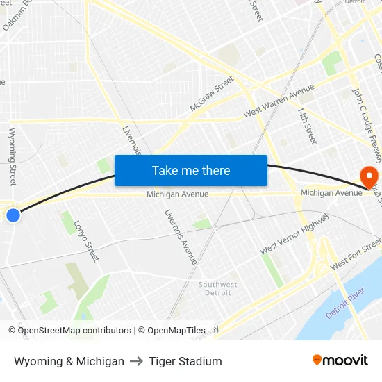 Wyoming & Michigan to Tiger Stadium map