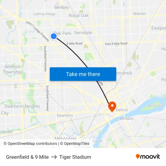 Greenfield & 9 Mile to Tiger Stadium map