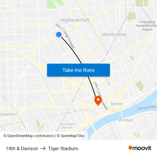 14th & Davison to Tiger Stadium map