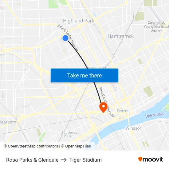 Rosa Parks & Glendale to Tiger Stadium map