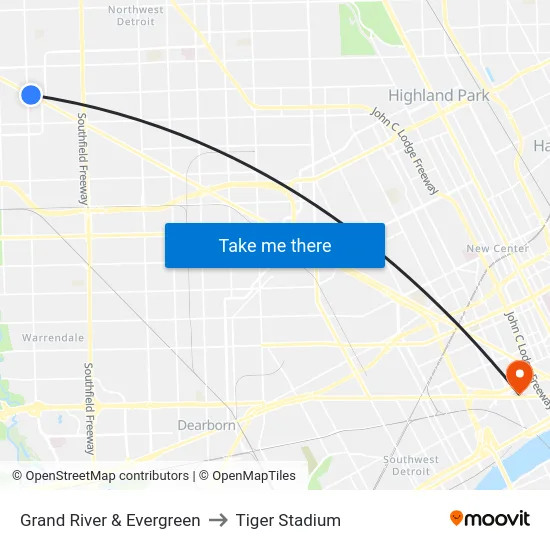 Grand River & Evergreen to Tiger Stadium map