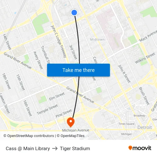 Cass @ Main Library to Tiger Stadium map