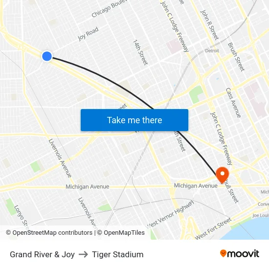 Grand River & Joy to Tiger Stadium map
