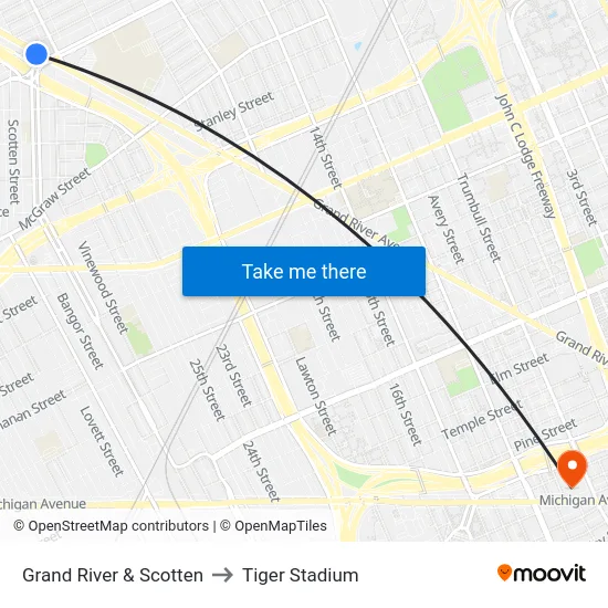 Grand River & Scotten to Tiger Stadium map