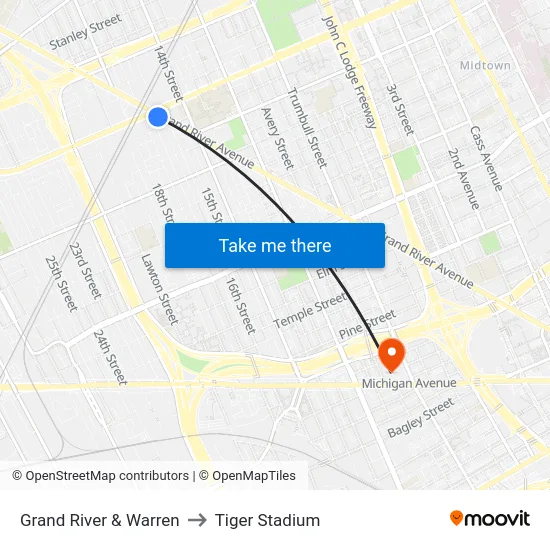 Grand River & Warren to Tiger Stadium map