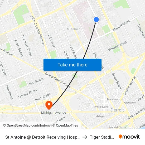 St Antoine @ Detroit Receiving Hospital to Tiger Stadium map