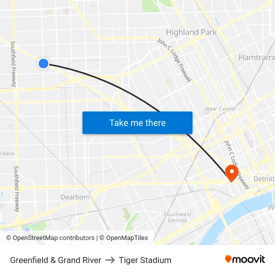 Greenfield & Grand River to Tiger Stadium map