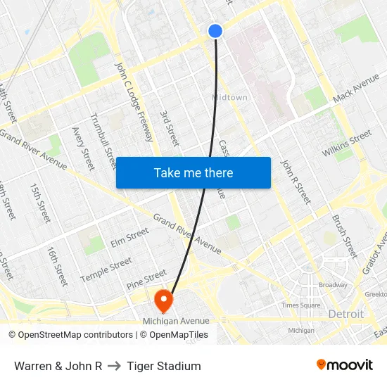 Warren & John R to Tiger Stadium map